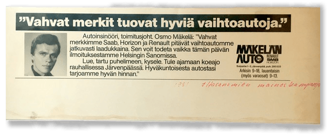 Mäkelän Auto mainos Iltasanomissa 1981